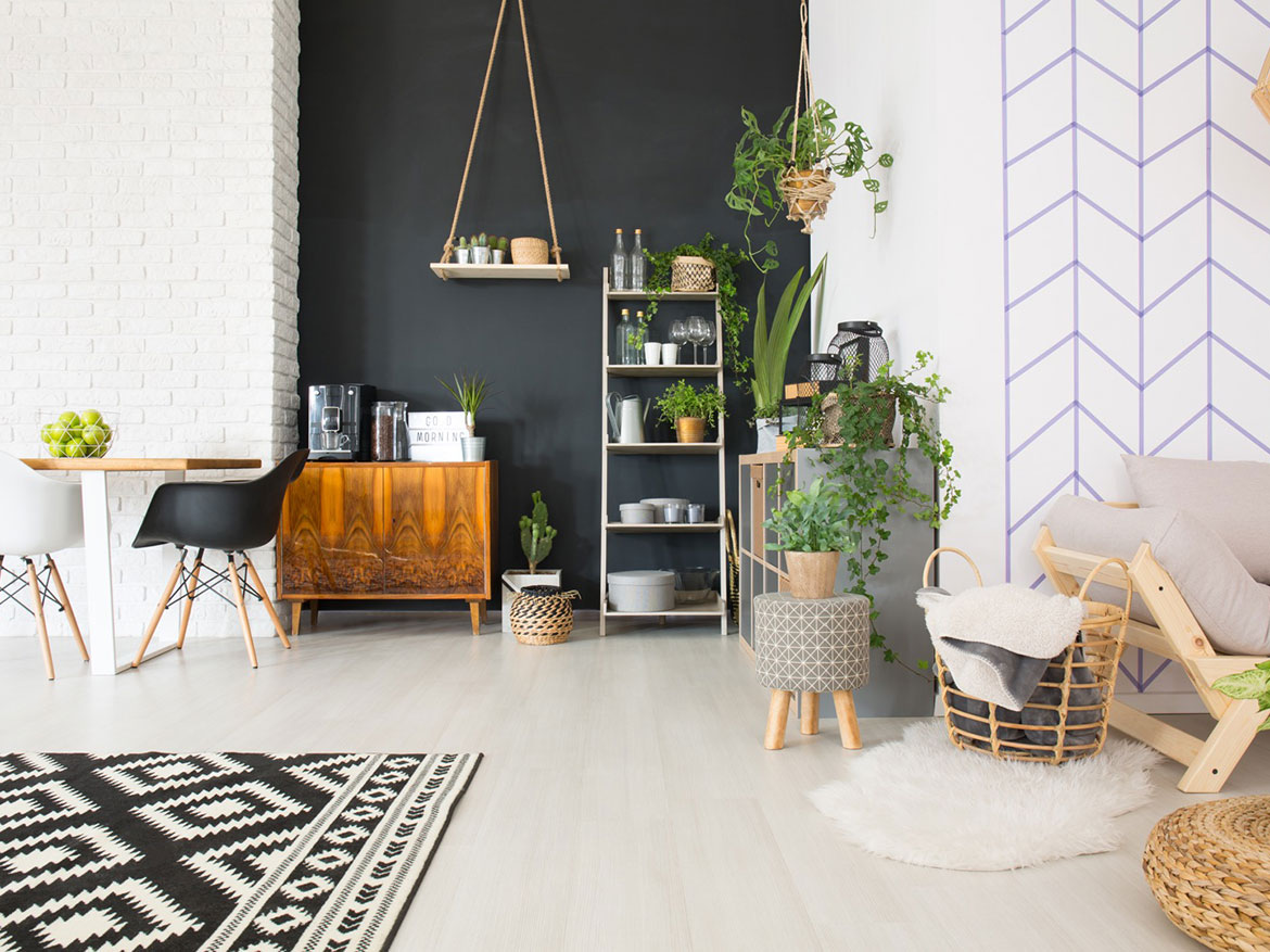 A living room with black and white walls and a black and white rug | Landisa home state